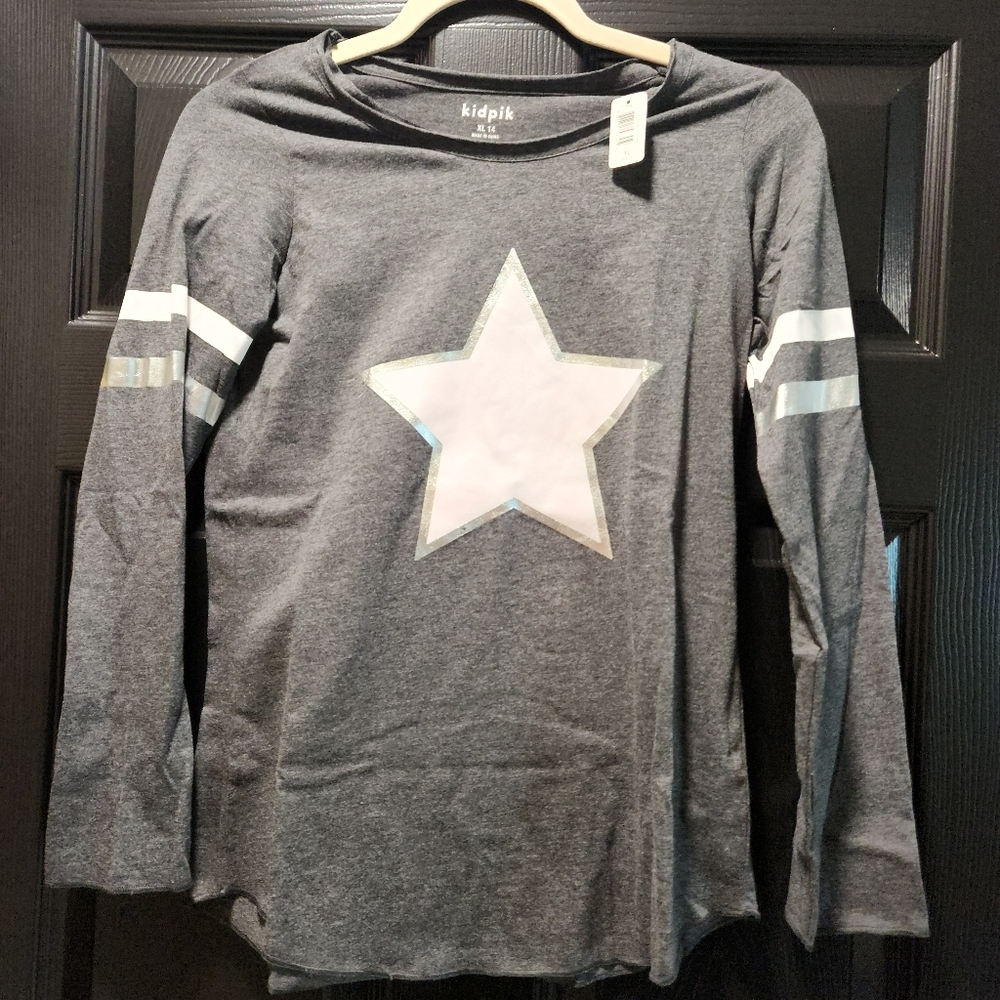 Kidpik Girls Gray Metallic Silver Star Football Graphic Tee Shirt Size XL 14 - Picture 2 of 10